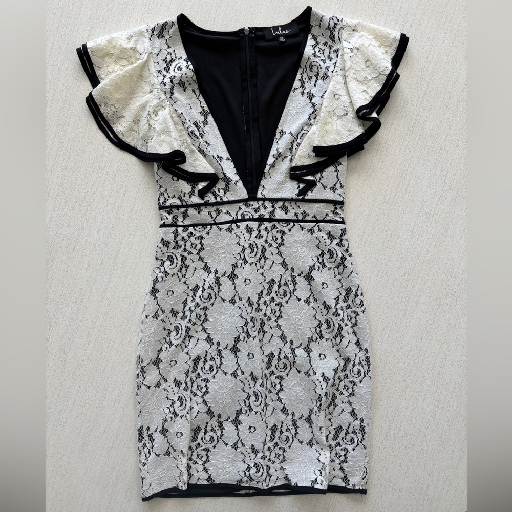 Lulus Black & White Lace Ruffle Mini Dress